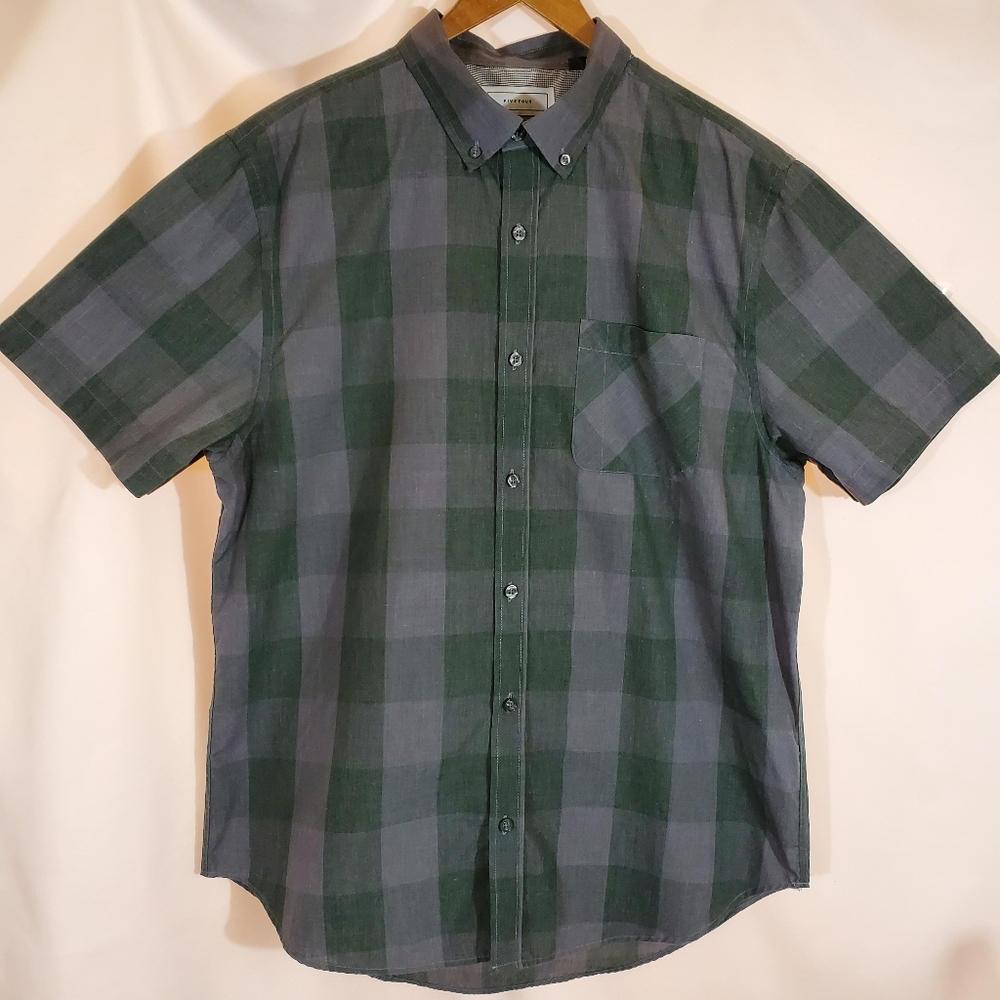 Mens Large Five Four Buttonup Short Sleeve Green/Gray Plaid Shirt EUC